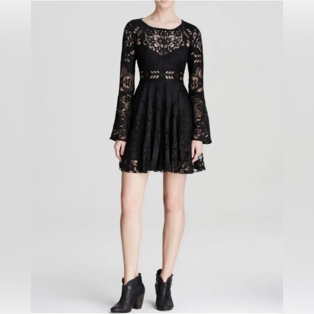 Free People Black Lace Long Sleeve Mini Dress